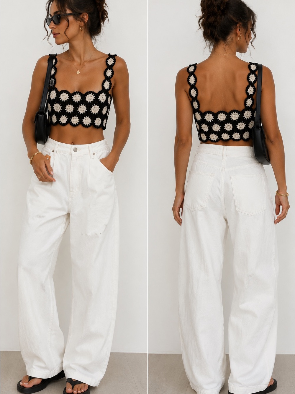Black & Cream Crochet Granny Square Crop Top Boho